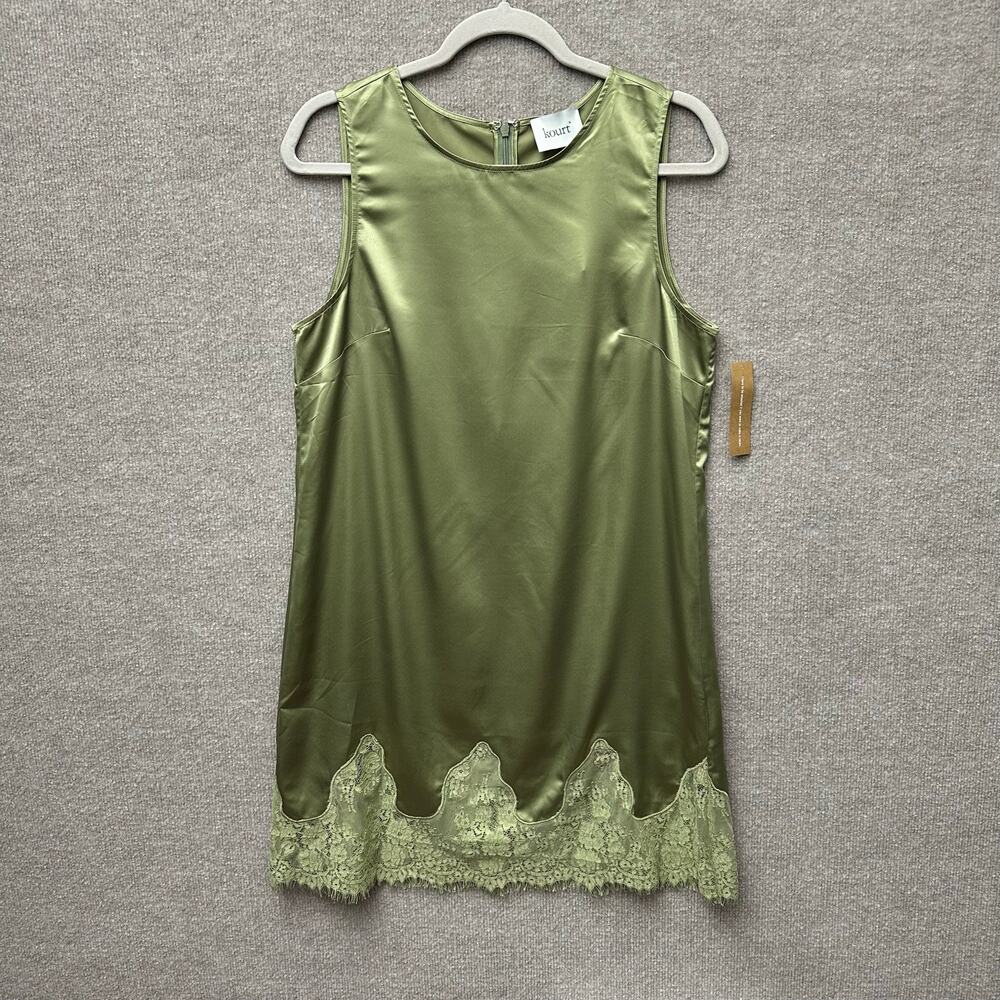 Kourt Yasmin Satin Mini Dress Moss Green Sleeveless Lace Trim Shift Size M Fairy